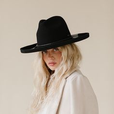 Distinctive and chic, the Maude wide brim fedora hat is inspired by our love of neutrals and modern shapes taken from traditional silhouettes. The unique curves and subtle pinch of the crown on this wide brim felt hat creates a modern take on a classic felt fedora shape. With a wide pencil roll brim, the Maude felt fedora is set apart from the rest. Felt Hats For Women, Rancher Hats, Vintage Maximalism, Denim Shirt Outfit, Gigi Pip, Cara Loren, Women Fedora, Pencil Roll, Fedora Hat Women