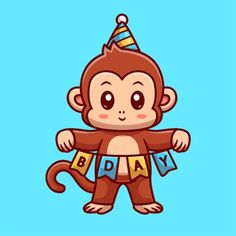 a cartoon monkey with a birthday hat on