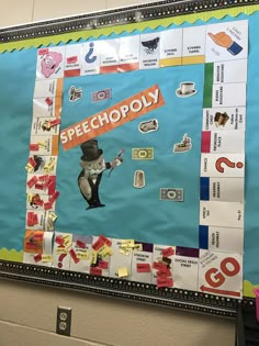 a bulletin board with an image of a penguin holding a sign that says speechoply