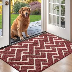 a dog sitting on the front door mat looking in through an open glass door with its tongue out