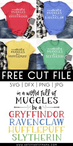 three different styles of t - shirts with the words free cut file in multiple colors