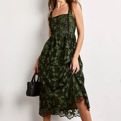 Beautiful Dress! Perfect For Multiple Occasions. Eyelet Midi Dress, Mesh Overlay, Scalloped Lace, Chic Dress, Beautiful Dress, Just Me, Black Green, Square Neck, Floral Lace