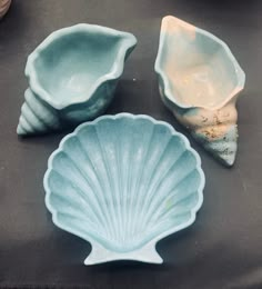 three seashells sitting on top of a table next to each other in different shapes and sizes