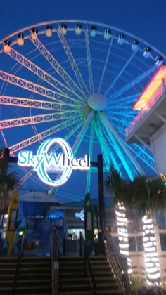 the sky wheel is lit up at night