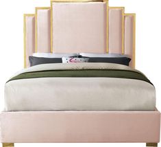 a pink bed with gold frame and headboard on top of it, in front of a white background