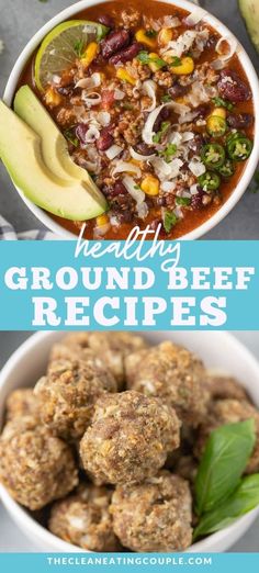 healthy ground beef recipes in bowls with avocado