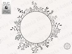 a round frame with leaves and branches on it, in black ink against a white background