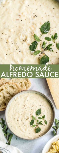 homemade alfredo sauce in a bowl with bread and herbs