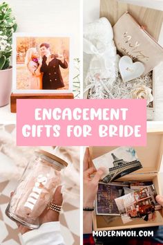 the words engagement gifts for bride are shown in pink and white, with photos on them