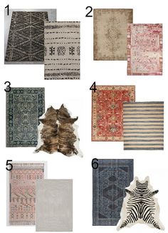 rugs with different colors and patterns are shown in this image, including one for the floor