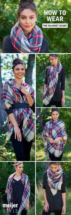 Belt it, wrap it, twist it, tie it or drape it: 5 ways to wear a blanket scarf. #MeijerStyle How To Wear Belts, Mode Tips, How To Wear A Scarf, Scarf Belt, Scarf Tying, How To Wear Scarves, Blanket Scarf, A Blanket, Mode Vintage