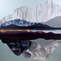 an abstract painting with mountains and water in the foreground, on a blue sky background