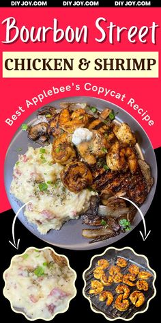 the cover of bourbon street chicken and shrimp cookbook is shown with two plates of food