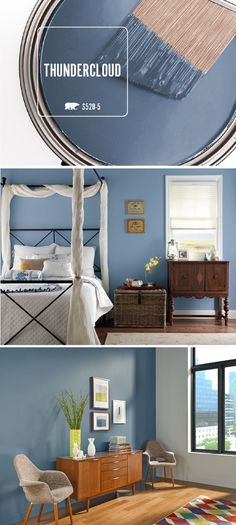 three different pictures of the same room with blue walls and wood flooring, including a bed