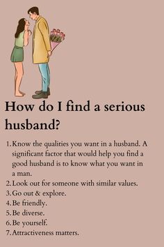 a man and woman standing next to each other with the words how do i find a serious husband?