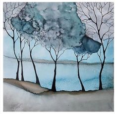 a painting of trees in the snow with blue sky and water behind them on a white background