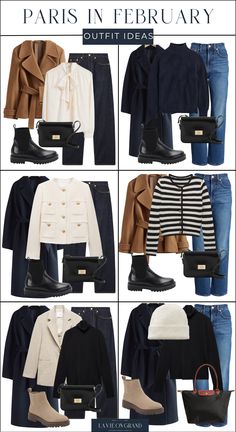 Graphic of 6 different outfits to pack for Paris during the winter season. Paris In February, Outfits To Wear In Paris, Paris In January, Minimalist Winter Outfit, What To Wear In Paris, Casual Trendy Outfits, Capsule Wardrobe Women, Classic Capsule Wardrobe