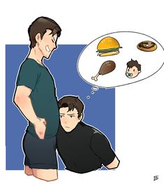 two men are looking at a hamburger and an egg on a plate with a thought bubble above them