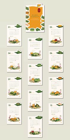 a wall calendar with different images of food and drinks on it's side, including oranges