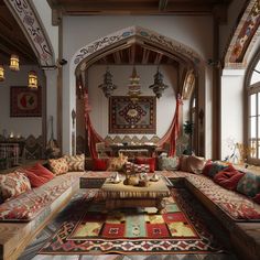 a living room with lots of couches and rugs