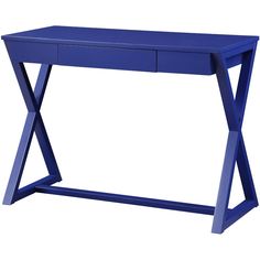 a blue desk with two drawers and a cross leg design on the top, against a white background