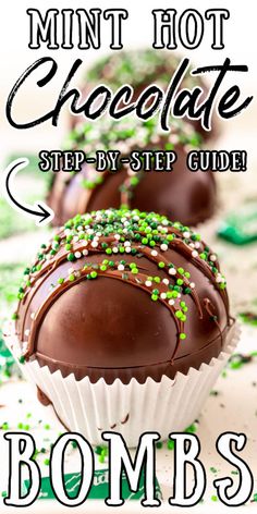 three chocolate candies with green sprinkles on top and the words, mint hot chocolate step by step guide