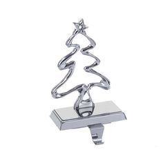 a metal christmas tree on top of a silver stand with an ornament in the shape of a star