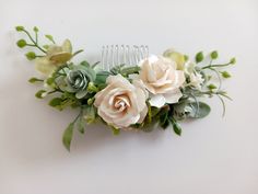 Gorgeous wedding or special event hair comb, pretty and natural.  Pretty Ivory and sage green roses, hydrangea & assorted foliage for an up to the minute look. Perfect for an up do hairstyle at the back of the head. Approx length 5-6 inches Wedding Hair Comb, Sage Green Jewelry, Green Wedding Hair, Sage Green Flowers, Special Event Hair, Bridesmaid Hair Clips, Sage Green Wedding, Wedding Hair Clips, Bridal Comb