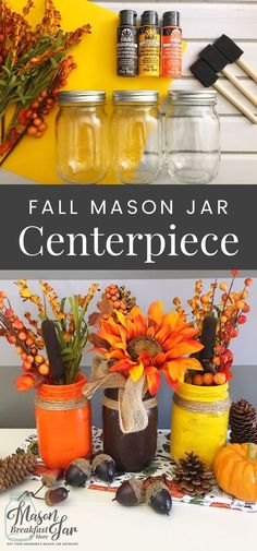 fall mason jar centerpieces with pumpkins and flowers