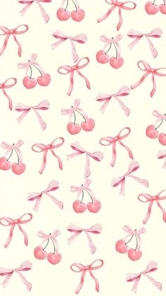 cherries and bows on a white background with pink ribbon around the bow are watercolor