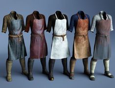 five different colored aprons are lined up in front of each other on a gray background