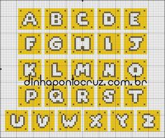 cross stitch alphabets with letters and numbers in yellow, black and white colors on a grid