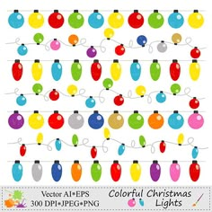 colorful christmas lights clipart with white background and black border - commercial use for digital scrapbooking