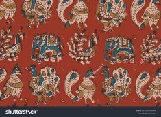 an ornately designed wallpaper with elephants and birds in red, blue, yellow and brown colors