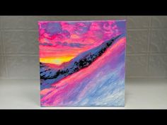 an acrylic painting of a sunset on a snowy mountain with pink and purple clouds