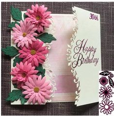 a birthday card with pink flowers on it