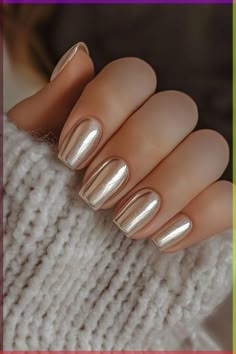 Beige Metallic Nails, Fall Bridesmaids Nails, New Trending Nails 2024 Fall, Neutral Shimmer Nails, Summer Fall Nails, Fall Gold Nails, Fall Nails Trending, Fall Bridesmaid Nails, Champagne Gold Nails