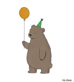 a brown bear with a party hat holding a balloon