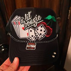 This Listing Is For A Pre- Made Trucker Hat! Comes With Chain. #Customtruckerhat # Hatbar #Cowgirl #Bougie #Cherries #Customhat Patch Crafts, Hat Bar, Dope Hats, Custom Trucker Hats, Staff Appreciation, Hat Ideas, Birthday Wishlist, Bar Ideas, Custom Hats