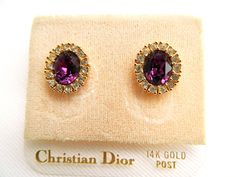 Vintage Christian Dior 14K Post Earrings - Amethyst and Crystal Rhinestones - Pierced - Oval 5/8" High - Signed Mad Men Fashion, Vintage Christian Dior, Ear Studs, Cocktail Rings, Crystal Rhinestone, Post Earrings, Sapphire Ring, Christian Dior, Sapphire