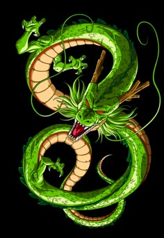 a green dragon with its mouth open and two smaller snakes on it's back