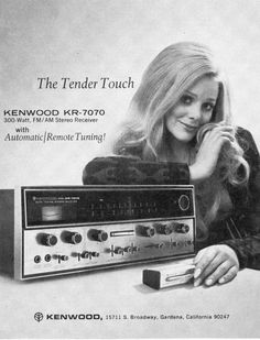 an advertisement for kenwood kr - 70 radio with a woman leaning on it