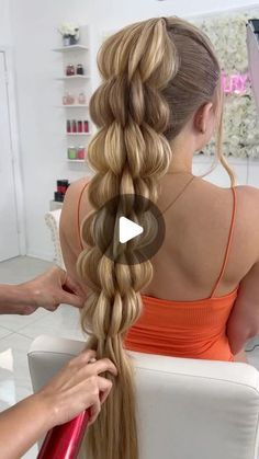 Braid Hairstyles For Athletes, Banana Bushel Braid Tutorial, Different Braids For Long Hair, Banana Bushel Braid, Bubble Braids Sports, Ponytail Hairstyles With Designs, Fun Braided Hairstyles For Long Hair, Long Hairstyles For Homecoming, 4th Of July Bubble Braids