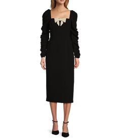 Antonio Melani Elena Crepe Square Neck Long Ruched Sleeve Pearl Bow Midi Dress | Dillard's Holiday Party Inspiration, Pearl Bow, Ruched Sleeve, Career Woman, Holiday Style, Antonio Melani, Quiet Luxury, Party Inspiration, Dillard's