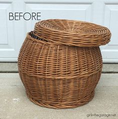 a large wicker basket sitting in front of a white door with the words before written on it