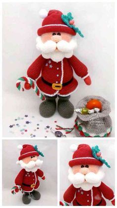 crocheted santa claus doll is shown in three different pictures, including the hat and beard