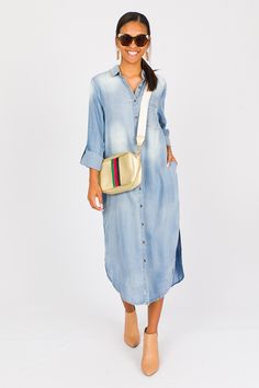 Chambray Shirt Dress Midi, Denim - New Arrivals - The Blue Door Boutique Chambray Dress Outfit, Shirt Dress Midi, Chambray Shirt Dress, Midi Denim, Cotton Shirt Dress, Blue Door, Chambray Dress, Midi Shirt Dress, Shirt Dresses