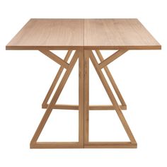 a wooden table with two intersecting legs on top of it, against a white background