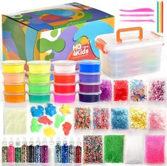 the kit includes many different colored beads and other crafting supplies for kids to make