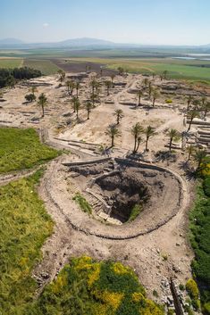 an aerial view of the ruins and trees